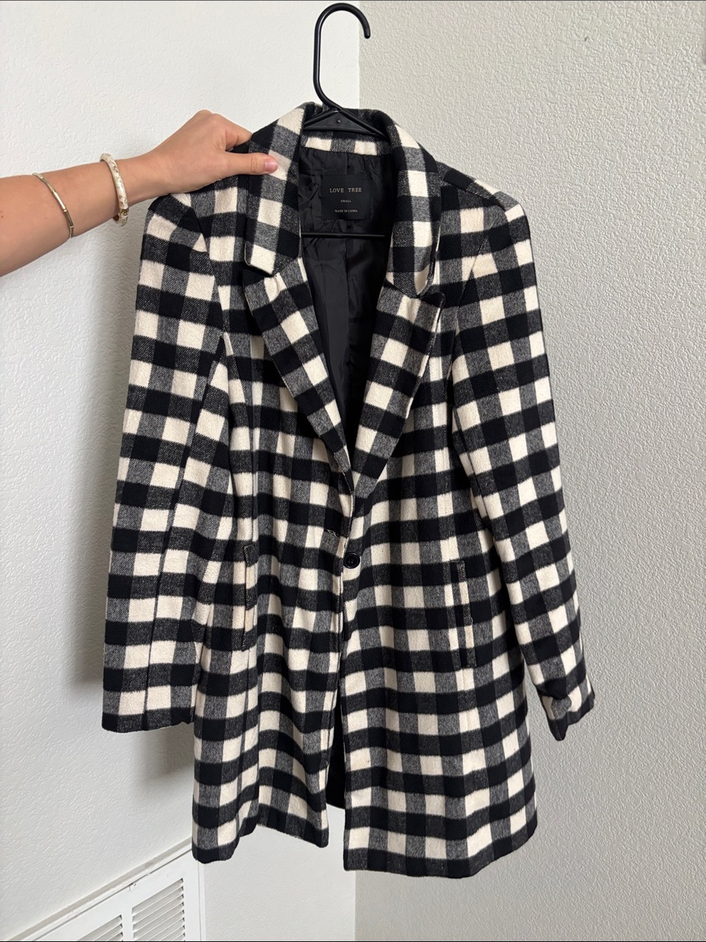 Love Tree Black & White Check Pea Coat